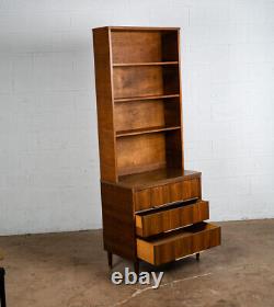Mid Century Modern Bookshelf Cabinet Walnut 2 piece 3 drawer Vintage Storage Mcm