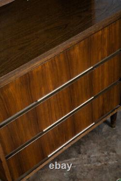 Mid Century Modern Bookshelf Cabinet Walnut 2 piece 3 drawer Vintage Storage Mcm