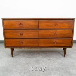 Mid Century Modern Credenza Dresser 6 Drawer Brass Walnut Vintage Mcm Restored