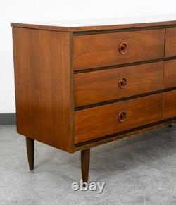 Mid Century Modern Credenza Dresser 6 Drawer Brass Walnut Vintage Mcm Restored