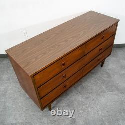 Mid Century Modern Credenza Dresser 6 Drawer Brass Walnut Vintage Mcm Restored