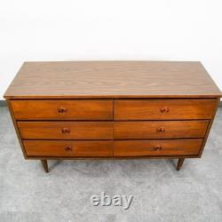 Mid Century Modern Credenza Dresser 6 Drawer Brass Walnut Vintage Mcm Restored