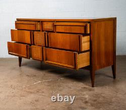 Mid Century Modern Dresser Credenza Walnut 9 Drawer Wood Danish Cane Vintage NM