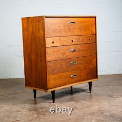 Mid Century Modern Dresser Highboy BP John Metal 5 Drawer Walnut Vintage Mcm NM