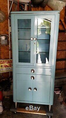 Mid Century modern Metal Glass Medical Dental Cabinet Apothecary And Side Table