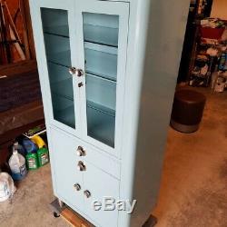 Mid Century modern Metal Glass Medical Dental Cabinet Apothecary And Side Table