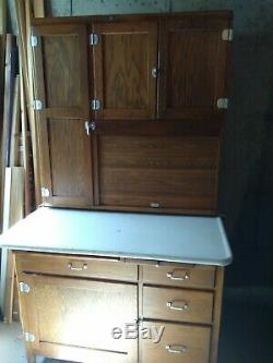 Napanee Hoosier oak cabinet, white enamel counter