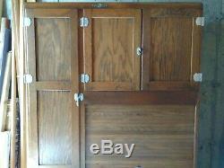 Napanee Hoosier oak cabinet, white enamel counter