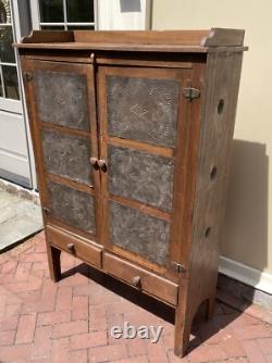 OUTSTANDING Antique 19th C. PIE SAFE Cupboard Punched Tin Panels Doors 2 Drawers