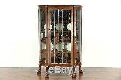 Oak Antique 1900 Curved Leaded Glass China or Curio Display Cabinet Paw Feet