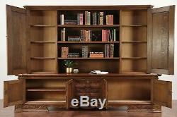 Oak Antique Library or Office 8' 10 Bookcase Carved Knights Scandinavia #29330