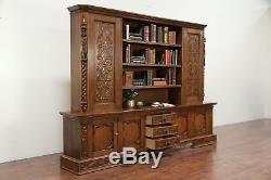 Oak Antique Library or Office 8' 10 Bookcase Carved Knights Scandinavia #29330