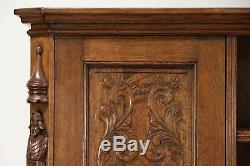 Oak Antique Library or Office 8' 10 Bookcase Carved Knights Scandinavia #29330