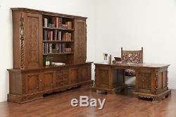 Oak Antique Library or Office 8' 10 Bookcase Carved Knights Scandinavia #29330