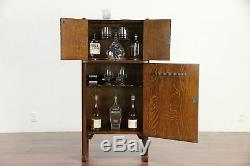 Oak Craftsman Carved Antique 1900 Bar Cabinet, Copper Shelf #30012