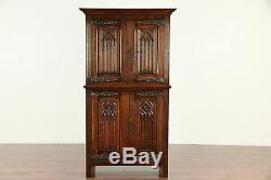 Oak Gothic Carved Antique 1915 French Bar or Hall Cabinet #29924