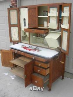 Oak Hoosier SELLERS Cabinet w Flour & Meal Bin, Loaded with Extras and Glassware