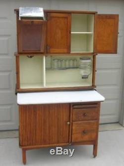 Oak Hoosier Style TIPPECANOE Cabinet, FLOUR BIN, 8pc. Spice Set, 3 Tambour Doors