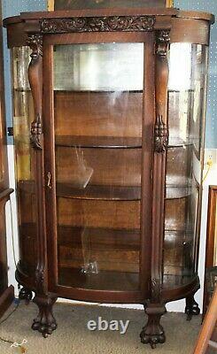 Old Antique Dark Oak LION HEADS Carved CURVED GLASS CHINA CABINET Claw Feet