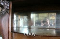 Old Antique Dark Oak LION HEADS Carved CURVED GLASS CHINA CABINET Claw Feet