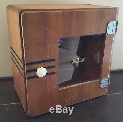 Old Vtg MID Century Barber Medical Serilizer Cabinet Cupboard Wood Glass Shelves
