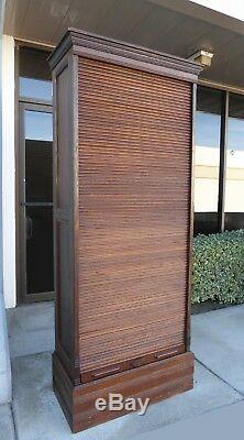 One Antique Oak File Cabinet Double Rows 30 slots w Roll Top Tambour Door USA