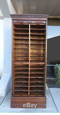 One Antique Oak File Cabinet Double Rows 30 slots w Roll Top Tambour Door USA