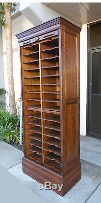 One Antique Oak File Cabinet Double Rows 30 slots w Roll Top Tambour Door USA