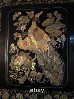 Oriental Hutch Black Lacquered Finish with Intricate Mother of Pearl Inlay