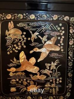 Oriental Hutch Black Lacquered Finish with Intricate Mother of Pearl Inlay