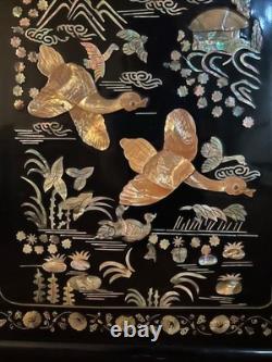 Oriental Hutch Black Lacquered Finish with Intricate Mother of Pearl Inlay