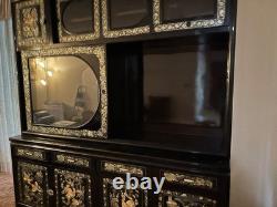 Oriental Hutch Black Lacquered Finish with Intricate Mother of Pearl Inlay
