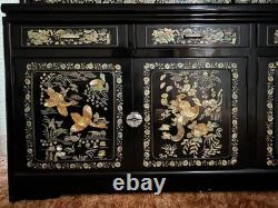Oriental Hutch Black Lacquered Finish with Intricate Mother of Pearl Inlay