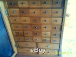 Original Antique Oak (34) Drawer Apothecary File Cabinet With Brass Hardware