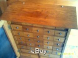 Original Antique Oak (34) Drawer Apothecary File Cabinet With Brass Hardware