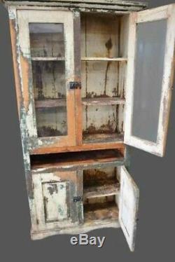 Original Antique Painted American Farm House Cabinet Stepback Cupboard