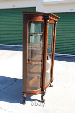 Original Finish Tiger Oak Bow Front China Display Cabinet with Ball & Claw Feet