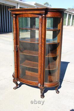 Original Finish Tiger Oak Bow Front China Display Cabinet with Ball & Claw Feet