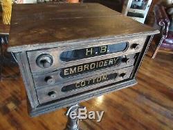 Original Vintage 1900's H. B. EMBROIDERY COTTON Display Wood Cabinet Box Antique