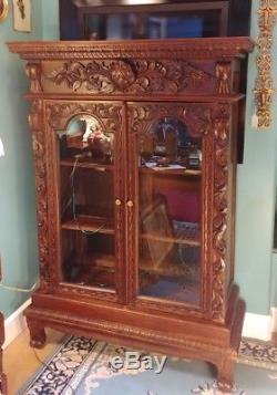 Ornate Carved Wood Curio Cabinet with Glass Doors 2 Wooden Shelves