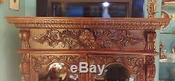 Ornate Carved Wood Curio Cabinet with Glass Doors 2 Wooden Shelves