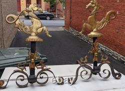 Pair 19th centruy Seahorse Andirons Antique Fireplace Tools