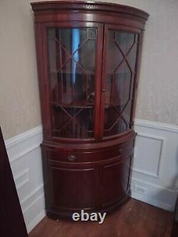 Pair Antique Mahogany Drexel bowfront corner cabinets 1950s dining set