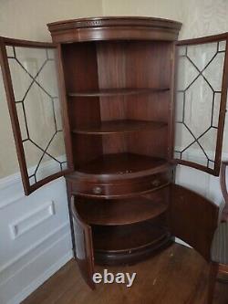 Pair Antique Mahogany Drexel bowfront corner cabinets 1950s dining set