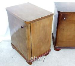 Pair Art Deco Walnut Bedside Cabinets, Tables. 1920s Vintage Antique Nightstands