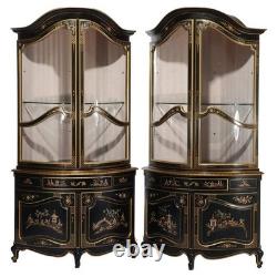 Pair Lighted Vintage Ebonized & Gilt Karges School Corner Cabinets 20thC