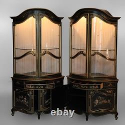 Pair Lighted Vintage Ebonized & Gilt Karges School Corner Cabinets 20thC