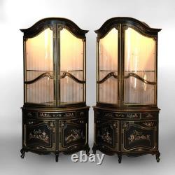 Pair Lighted Vintage Ebonized & Gilt Karges School Corner Cabinets 20thC