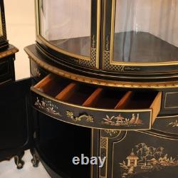 Pair Lighted Vintage Ebonized & Gilt Karges School Corner Cabinets 20thC