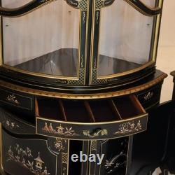 Pair Lighted Vintage Ebonized & Gilt Karges School Corner Cabinets 20thC
